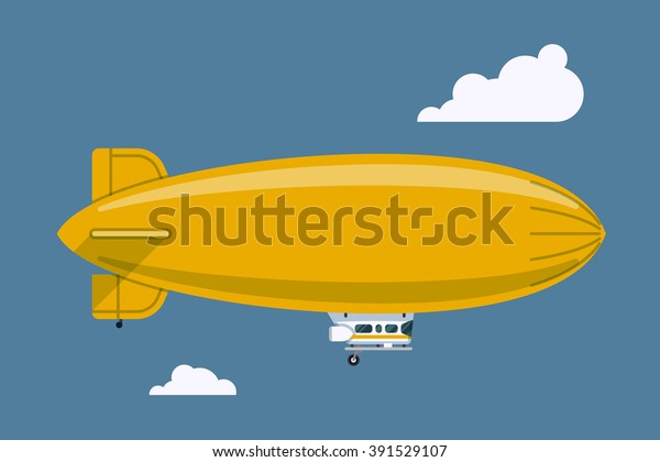 Cool vector blimp aircraft flying with blue sky\
and clouds on background. Zeppelin airship dirigible balloon\
flight, flat design, side\
view