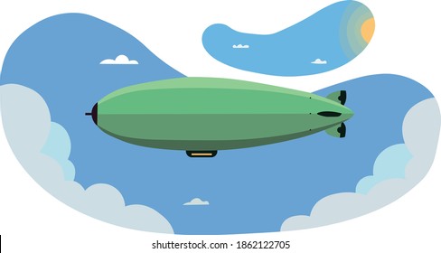 Cool vector blimp plane flying with blue sky and clouds on background. Zeppelin airship airship balloon flight, flat design, side view