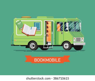 Cool vector bookmobile truck or mobile library van vehicle in trendy flat design. Ideal for book, reading themed banners, posters and flyers