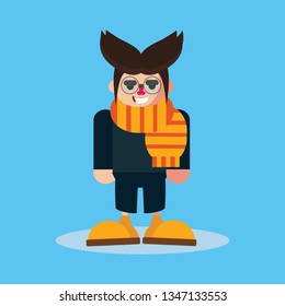 Cool vector boy character with colorful scarf and glasses. Confident adult man wearing glasses and making a sarcasm smile. Urban citizen character - Vector