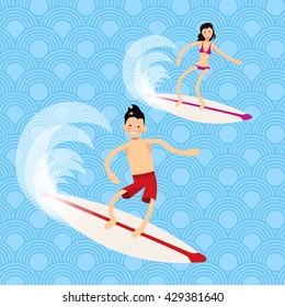 Cool vector boy and girl surfer character in surf trunks with surfboard standing and riding on ocean wave. Recreational beach water sport flat design character on surfing. Man and women on vacation