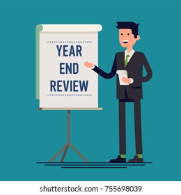 Cool vector business company and corporate Year End Review concept illustration with businessman standing next to presentation board