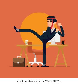 Cool vector businessman flat concept design character in high kick pose with red tie on his head fighting on abstract office work place background