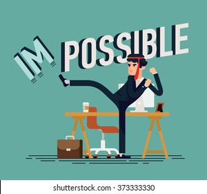 Cool vector businessman flat concept design character in high kick pose with red tie on his head fighting making impossible possible