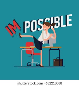 Cool vector businesswoman flat concept design character in high kick pose fighting making impossible possible. Metaphoric illustration on achievements made possible with confident young adult woman