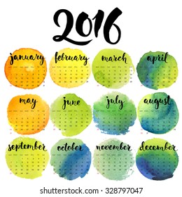 Cool vector calendar/ Hand written calligraphic months. Watercolor textures. 