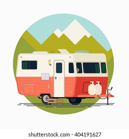 Cool vector camping trailer standing with mountains on background. Flat design camping trailer illustration. Circle shaped travel road trip journey vacation concept round layout with caravan trailer