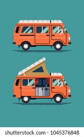 Cool vector camping van design element in trendy flat design. Ideal for summer vacation and road trip adventure themed graphic, web and motion design