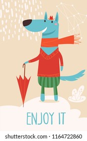 Cool vector card or poster with a wolf and Enjoy it  text 