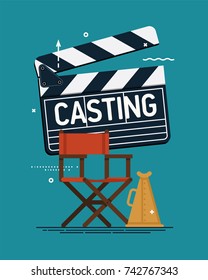 Cool vector casting concept illustration. Movie producing, film direction, studio shooting stage design elements. Director's chair, loud speaker and clapper board
