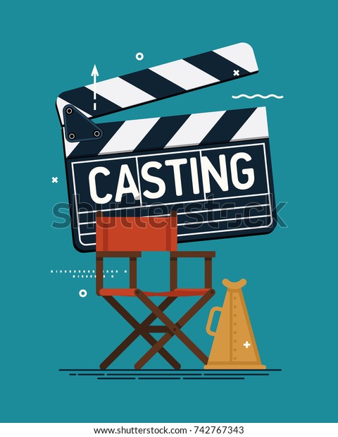 Cool vector casting
concept illustration. Movie producing, film direction, studio
shooting stage design elements. Director's chair, loud speaker and
clapper board