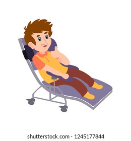 Cool vector character design. A man sitting in a medical chair preparing to donate blood.