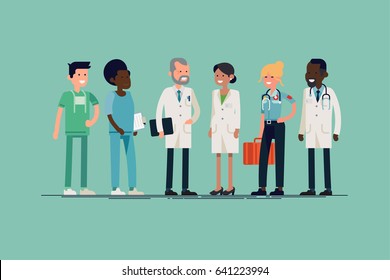 Cool vector character design in medicine professionals. Clinic or hospital team. Surgeon, nurse, doctor, paramedic, medic. Female and male medical workers line-up in flat design, isolated