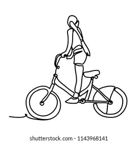 Cool vector character design on adult young woman riding bicycles. Continuous line drawing. Isolated on the white background. Vector monochrome, drawing by lines