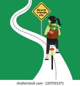 Cool vector character design on girl riding bicycles. The world in backpack