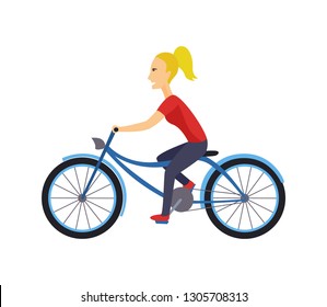 Cool vector character design on adult young woman riding bicycles. Stylish short hair female hipsters on bicycle, side view, isolated.