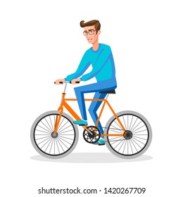 Cool vector character design on adult young man riding bicycles. Stylish male and hipsters on bicycle, side view, isolated art