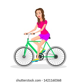 Cool vector character design on adult young woman riding bicycles. Stylish female hipsters on bicycle, side view, isolated. Vector illustration of a flat design