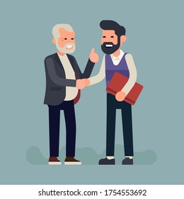 Cool vector character design on company CEO congratulates employee with success. Businessmen handshake concept illustration