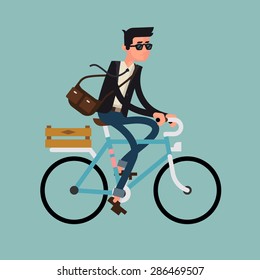 Cool Vector Character Design On Young Man Riding Bike. Stylish Male Hipster On Bicycle, Side View, Isolated 