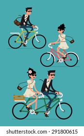 Cool Vector Character Design On Adult Young Man And Woman Riding Bicycles And Couple Riding Tandem Bike. Stylish Male And Female Hipsters On Bicycle, Side View, Isolated 