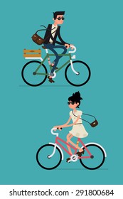 Cool vector character design on adult young man and woman riding bicycles. Stylish male and female hipsters on bicycle, side view, isolated 