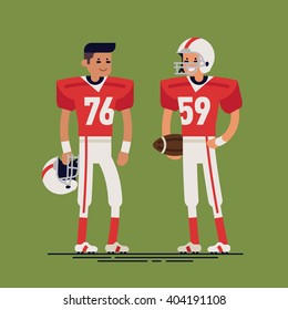 Cool vector character design on american football players wearing uniform standing isolated. Professional american football team players standing holding ball and helmet. Sports career professionals