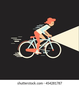 Cool vector character design on young girl riding bicycles fast on night. Side view, isolated