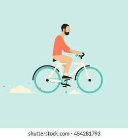 Cool vector character design on adult young man riding bicycles. Stylish male and hipsters on bicycle, side view, isolated
