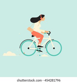 Cool vector character design on adult young woman riding bicycles. Stylish female hipsters on bicycle, side view, isolated