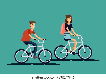 Cool vector character design on adult young man and woman riding bicycles. Stylish male and female hipsters on bicycle, side view, isolated