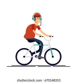 Cool vector character design on young man riding bike. Stylish male hipster on bicycle, side view, isolated