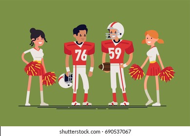 Cool vector character design on american football players and cheerleaders standing. Professional american football team members line up. Sports career professionals