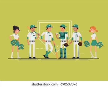 Cool vector character design on baseball players and cheerleaders standing. Professional baseball team members line up. Sports career professionals