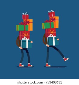 Cool vector character design on man carrying tall stack of gift boxes. Christmas festive season shopping illustration. Boxing day concept