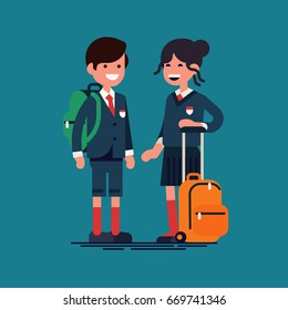 Cool Vector Character Illustration On Kids In Uniforms Ready For School. Small Cute Siblings Wearing School Uniform And Backpacks. Private School Boy And Girl Students Portrait 