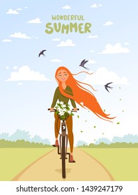 Cool vector character illustration young woman with long hair riding bicycles. Stylish female on bicycle