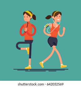 Cool vector character on woman doing yoga and jogging. Fitness activities and sport flat design female character. Healthy lifestyle