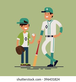 Cool vector characters on adult professional baseball player and little child boy kid fan. Sport career in family. Father and son ready to play baseball illustration in trendy flat minimalistic design