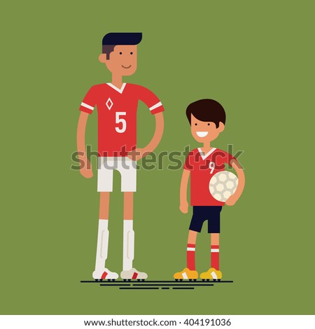Cool vector characters on adult professional soccer football player and little boy kid fan. Sport career in family. Father and son ready to play soccer. Flat design illustration