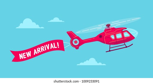 Cool vector civil helicopter with the advertisement ribbon. Flat design illustration. Perfect for web banners and sales promotion. New arrival, new collection theme. 