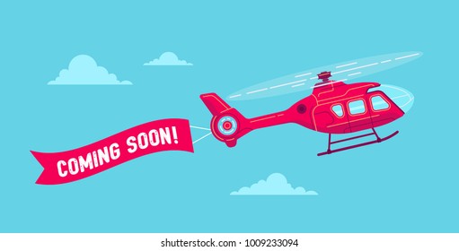Cool vector civil helicopter with the advertisement ribbon. Flat design illustration. Perfect for web banners and sales promotion. New arrival, new collection theme. 