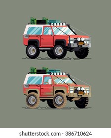 Cool Vector Clean And Dirty Fully Equipped Expedition Safari SUV Off Road Big Wheel Vehicle Illustration, Flat Design. Classic 4WD Car With Mud Terrain Tires Transportation Traffic Design Element