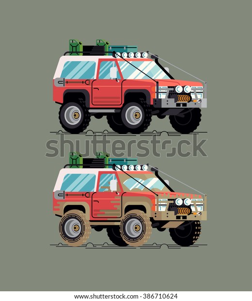 Cool vector clean and dirty fully equipped
expedition safari SUV off road big wheel vehicle illustration, flat
design. Classic 4WD car with mud terrain tires transportation
traffic design element