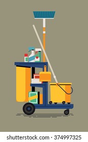 Cool Vector Cleaning Cart Web Icon With Broom, Bucket, Detergents And Other Cleaning Supplies