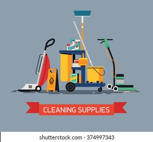 Cool Vector Cleaning Supplies In Flat Design. Commercial Cleaning Equipment With Cart, Vacuum Cleaner And Spinner