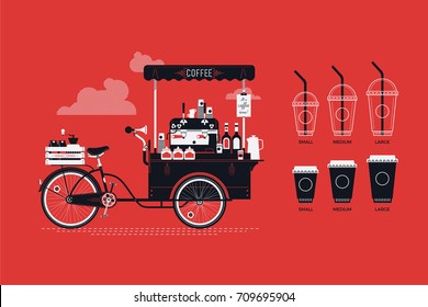 Cool vector coffee bicycle cart and different sizes takeaway cups for cold and hot coffee based beverages