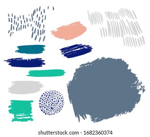 A cool vector collection of stylish ink paintbrush strokes of various weights, thick, thin. Trendy cute round, rectangle shapes. Arty set of unique hand drawn colorful objects, labels, with copy space