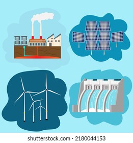 Cool vector concept background on modern eco friendly power sources and energy | Zero or low emission energy generation creative illustration with wind turbines, solar panels and hydroelectric dam