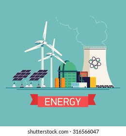 Cool vector concept background on modern eco friendly power sources and energy | Zero or low emission energy generation creative flat illustration with wind turbines, solar panels and nuclear plant